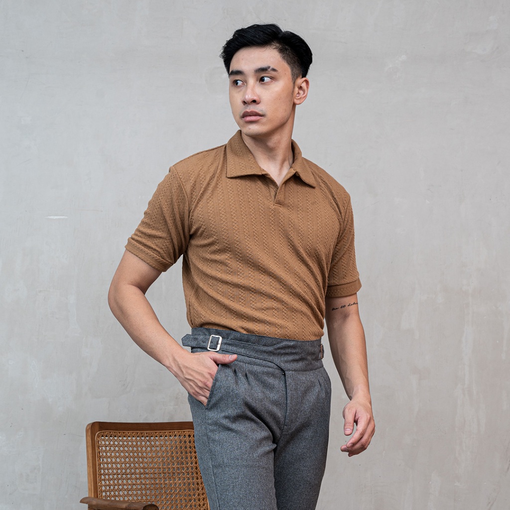 Houseofcuff Polo Shirt Rajut Stretch Lengan Pendek Pria Coklat Muda