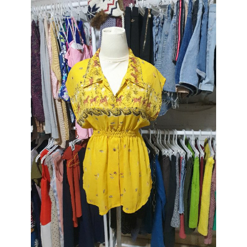Atasan wanita tunik kuning motif