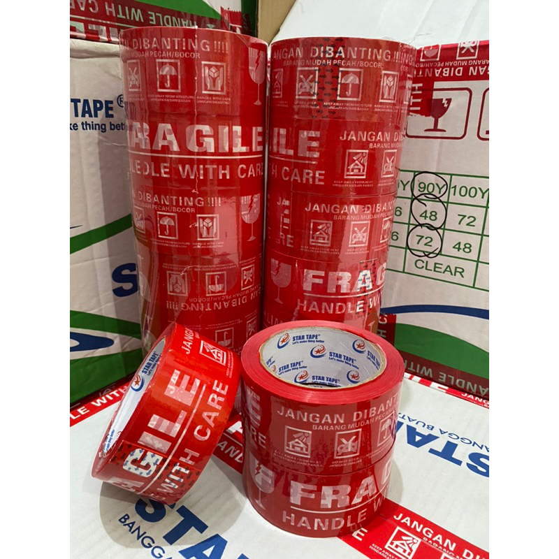 Lakban Fragile 72 Yard ECO x 48mm – Tape Fragile Shopee | Merah/Putih | Star Tape Per Pcs