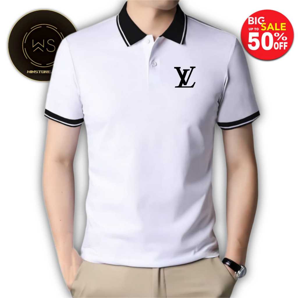 Kaos T Shirt Polo Berkerah Kombinasi Warna Motif LV / pria lengan pendek / sablon DTF / ukuran M L X