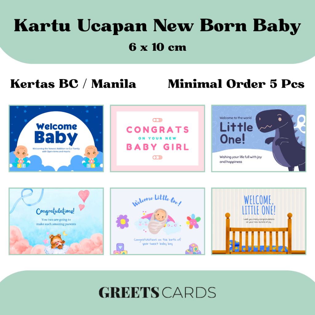 Greeting Card New Born Baby BC Manila Paper / Kartu Ucapan Lahiran (6x10cm) bisa untuk Gift Card Ulang tahun Happy Birthday / Terima Kasih / Buket Wisuda Graduation / Pernikahan Wedding Anniversary / Natal / Hari Guru / Hari Ibu / Bayi Baru Lahir