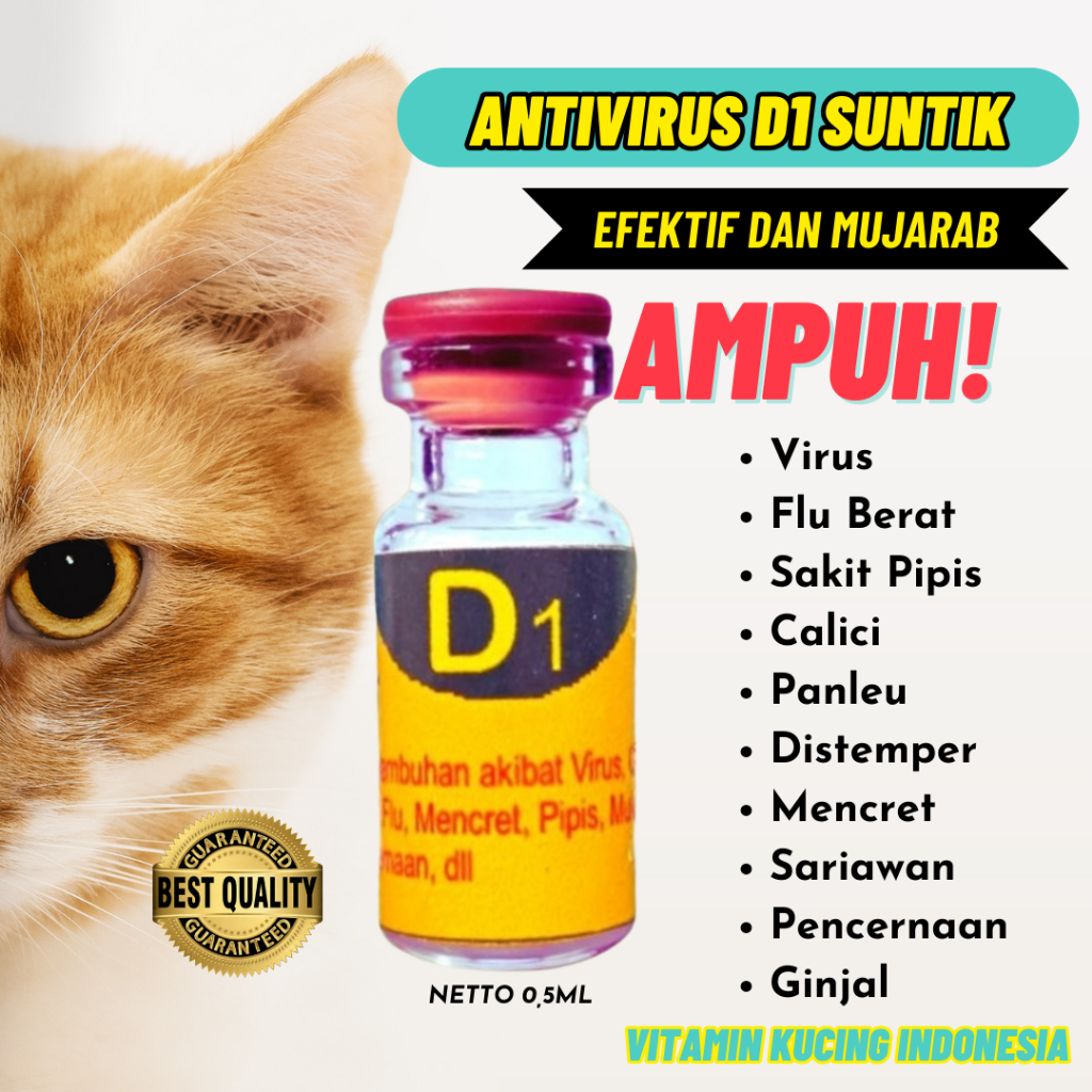 Vitamin Kucing D1 Suntik (Obat Flu, Calili, Distemper dan Penyakit Saraf) Vitamin Kucing Indonesia