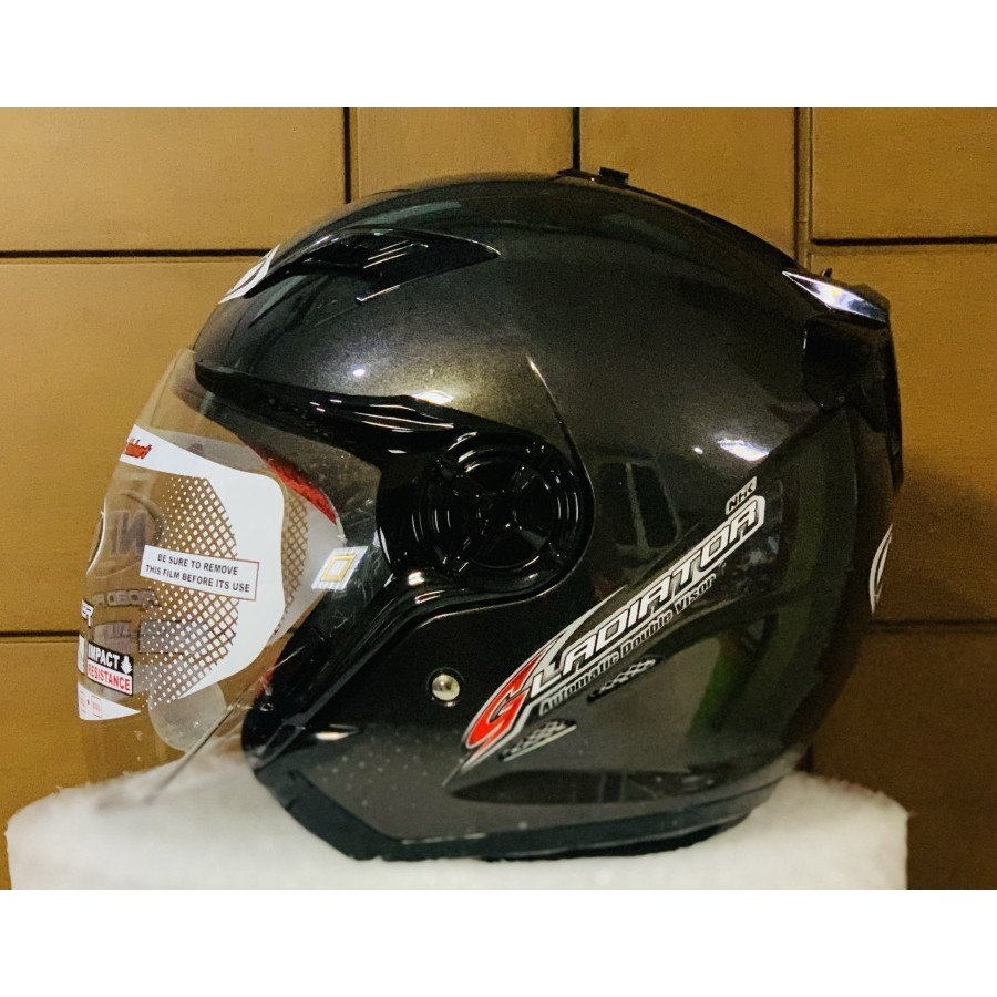 Helm NHK Gladiator Solid Gun Met Glossy Double Visor Half Face - Helem Motor SNI DOT Touring Dewasa 