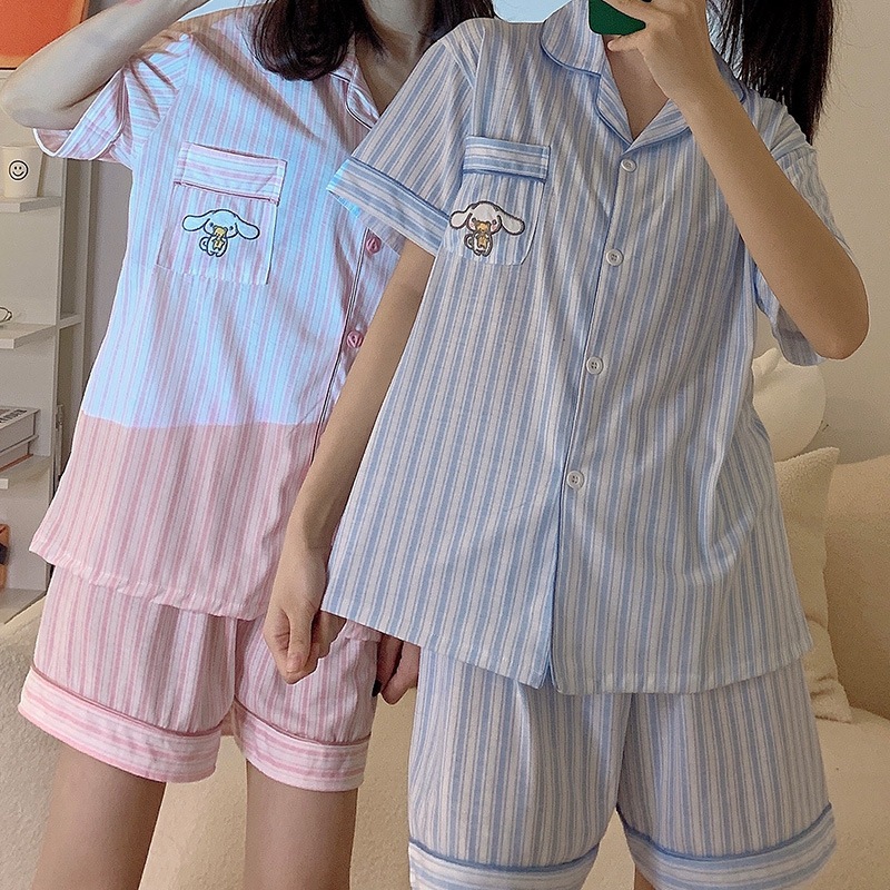 Yee Un Sleepwear Piyama Korea Baju Tidur Wanita Kancing Lengan Pendek Celana Pendek Motif Garis Kara
