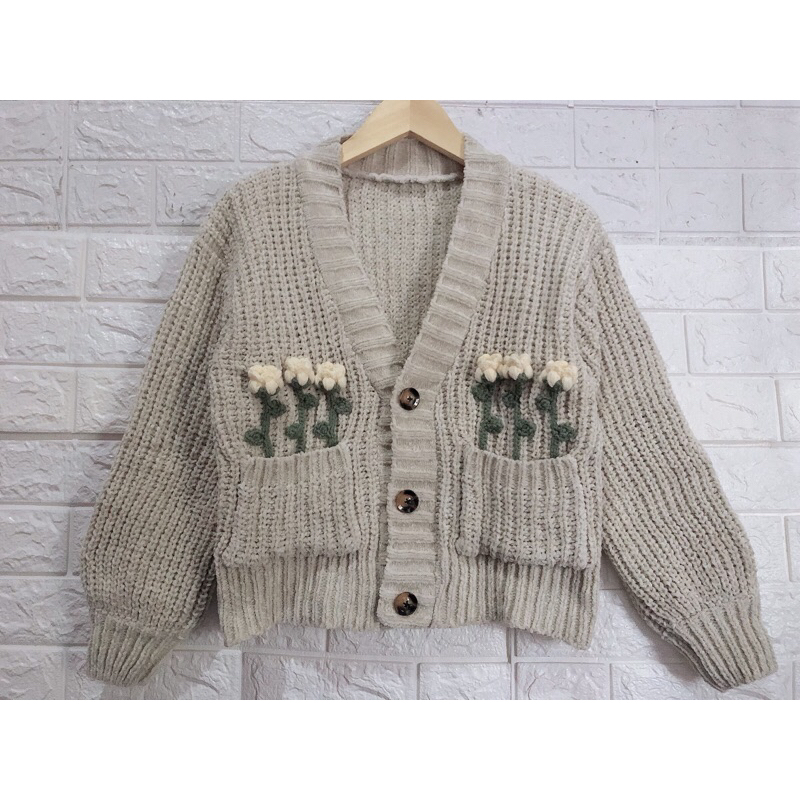 Cardigan crop kepang rajut 3get baru cherry timbul premium tebal lengan balon cardi kepang lengan ba