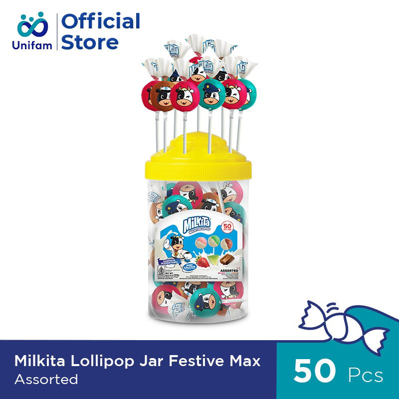 

Milkita Lollipop Jar Assorted Festive Max (1 Toples Isi 50pcs) - Toples Permen Lolipop Milkita Rasa Cokelat, Stroberi & Melon