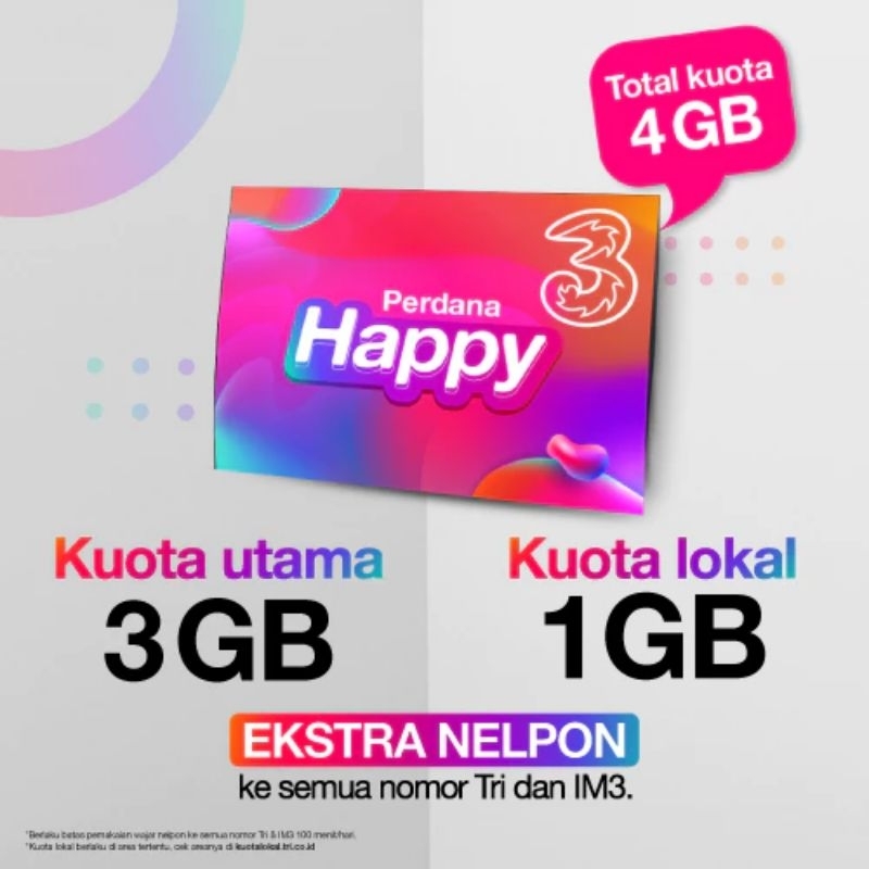 Kartu Perdana 3 Tri Three Happy 3GB / 4GB • 5GB / 6,5GB • 8GB / 10,5GB • 18GB / 24GB • 25GB / 33GB 30hari 24jam full 4G