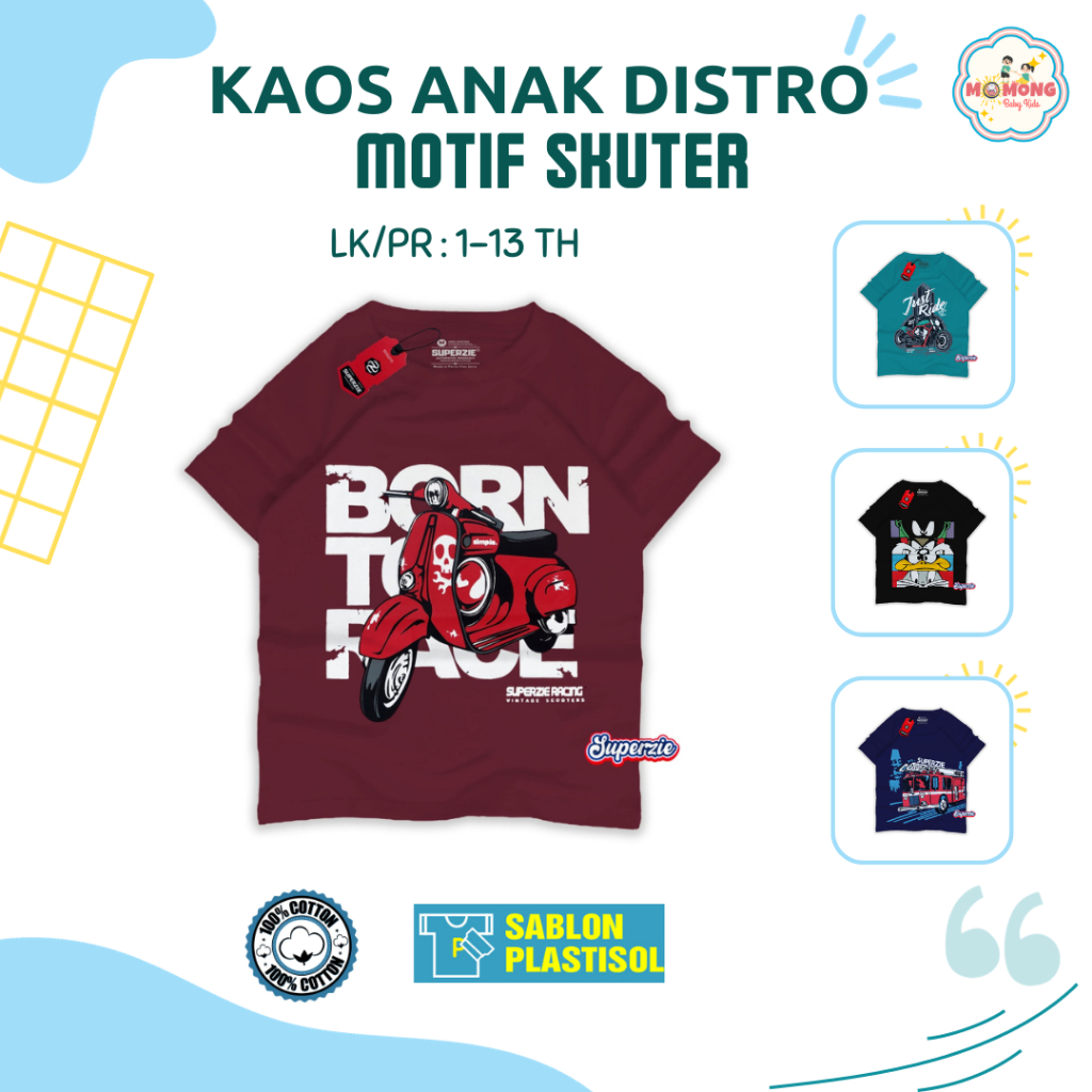 Baju Kaos Anak TShirt Atasan Distro Laki Laki Perempuan Lengan Pendek Motif Skuter Lucu Trendi Kekin
