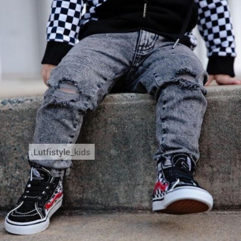 Celana Jeans Anak Cowok Laki Laki Snow Black Woshing Ripped Jens Anak Laki Laki Tanggung Sobek Lutut
