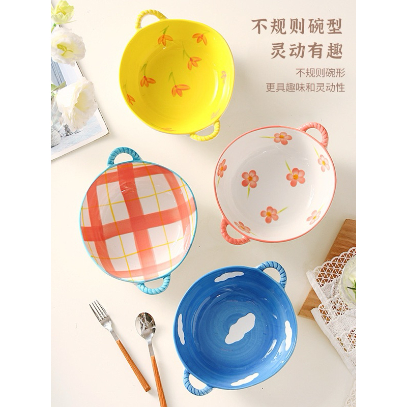 Piring Mangkok Sendok Keramik dengan Gagang / Mangkok nasi / Mangkok Sop Motif Bunga Warna Warni ala