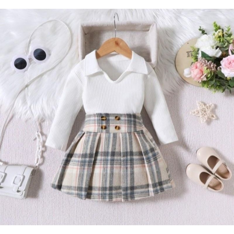 littleflamingo Setelan baju anak + Rok Kotak anak perempuan ready stock