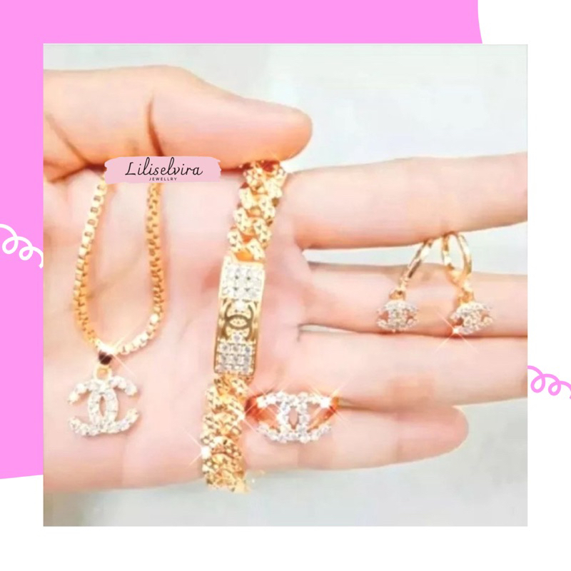 set perhiasan wanita dewasa xuping Chanel Gelang cincin kalung & anting