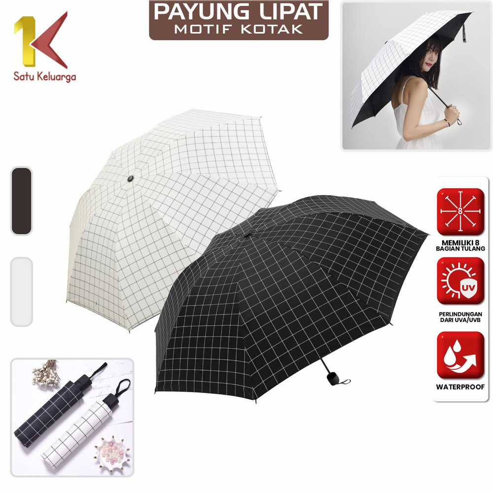 Satu Keluarga Payung Lipat Motif Kotak Manual Anti UV C947 Payung Lipat Anti Panas Sinar Matahari Po