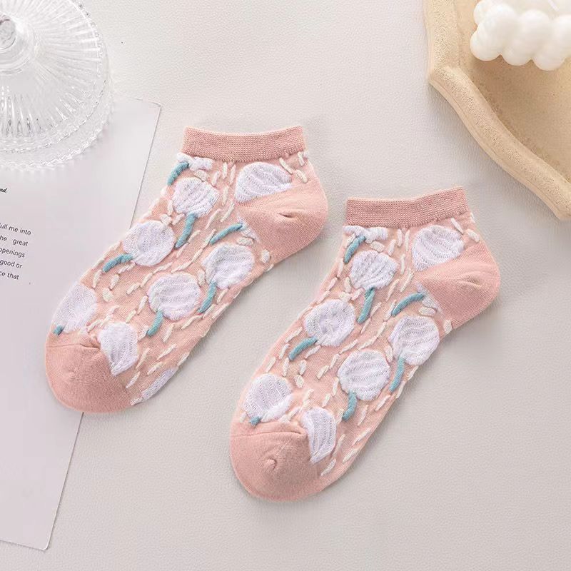 •YF•KK1434 Kaos Kaki Pendek Wanita Motif Bunga Flower Pink Semata Kaus Kaki Socks Korean Fashion