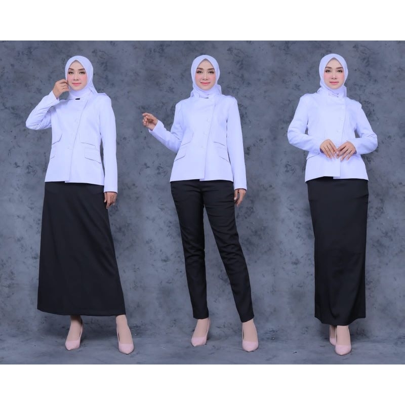 blazer wanita seragam dinas hitam putih baju ASN hitam putih kemeja putih atasan putih