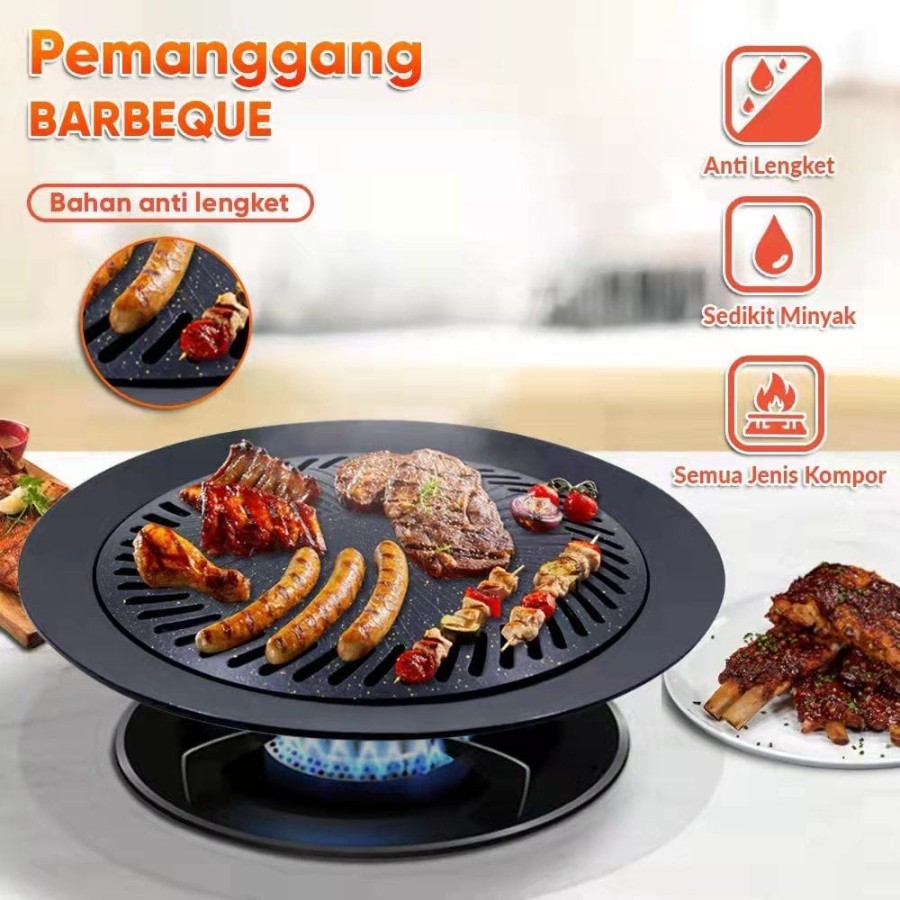 Grill Pan BBQ Alat Pemanggang Anti Lengket Bulat Wajan Teflon Besi Panggangan BBQ korea all you can 