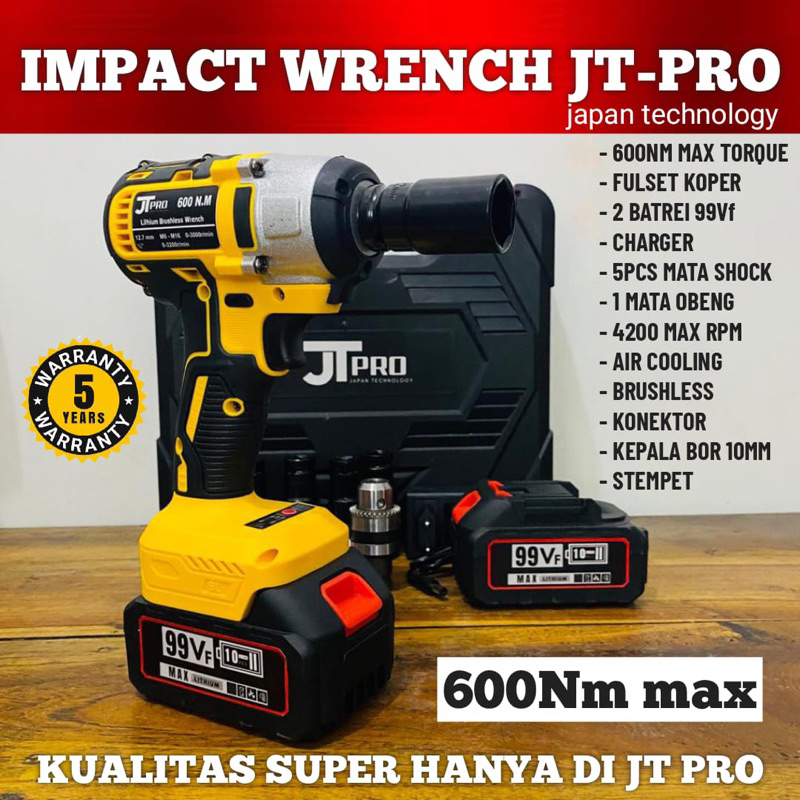 Impact Wrench JT PRO 99V 600NM bonus kepala bor 10mm limited edition mesin bor pembuka baut ban mobi