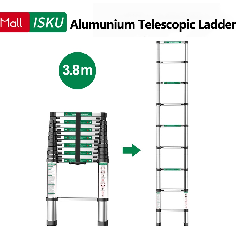 【3.8m】ISKU Telescopic Ladder Alumunium 3.8m Single Telescopic Ladder/3.8  Meter Tangga