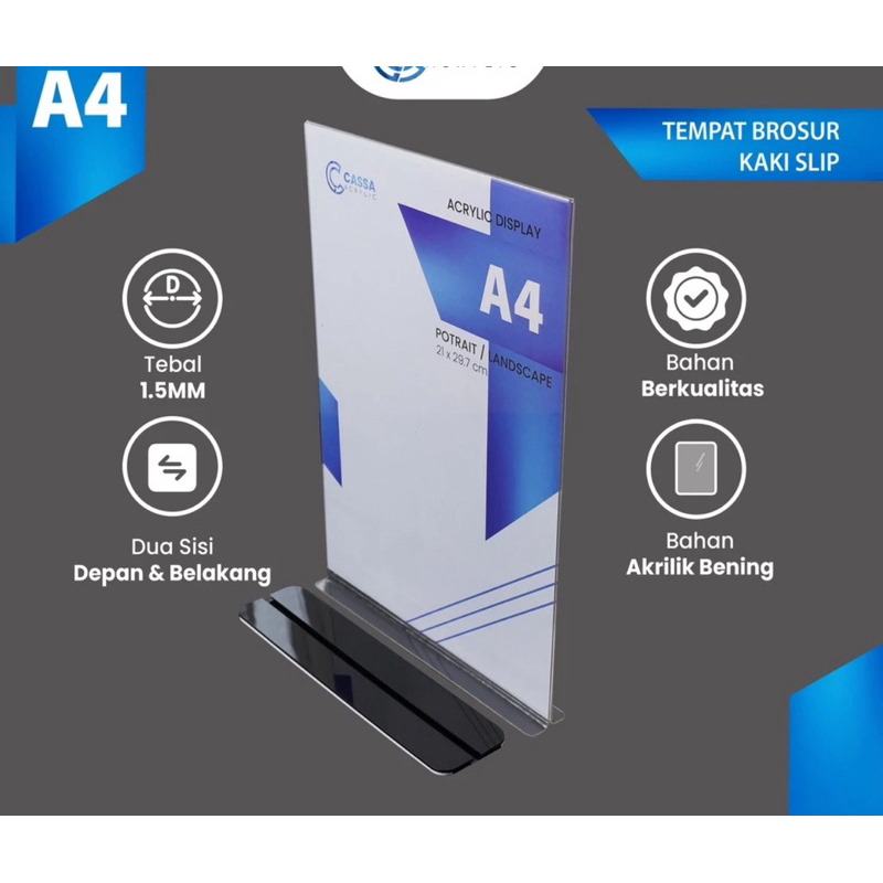 

Tempat Brosur Akrilik A4-A5-A6 / Tent Card Holder Barcode / Nomor Menu Meja Kaki Hitam