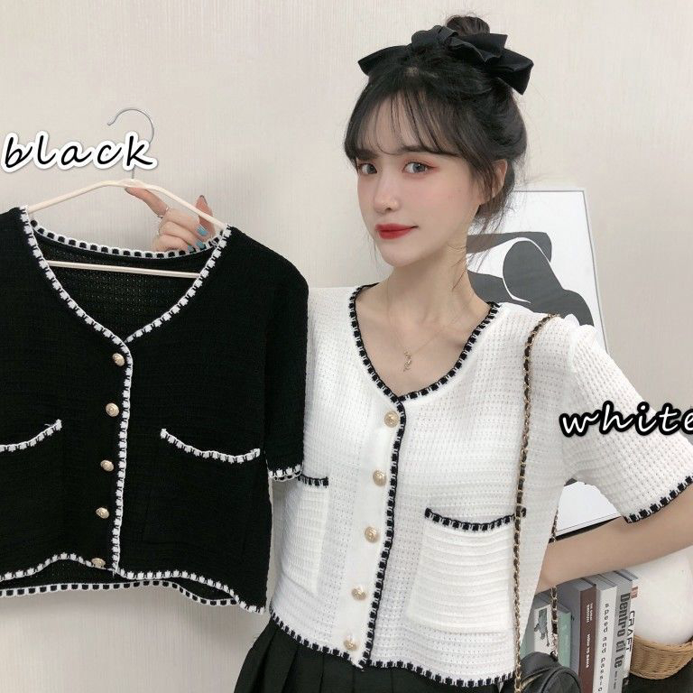 CHEKOUT Kardigan Pendek Rajutan Lengan Pendek Gaya Korea Untuk Wanita
