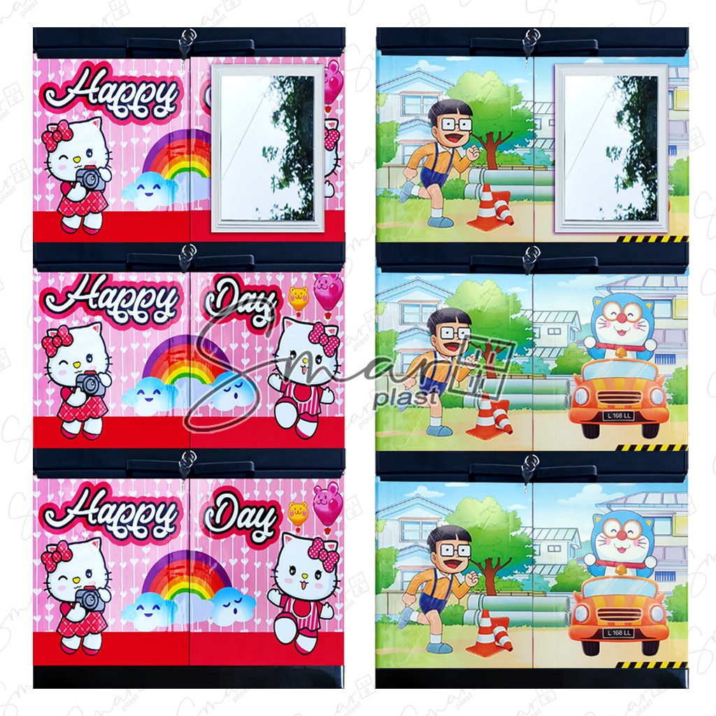 LEMARI PLASTIK 3 4 SUSUN TINGKAT MINI JUMBO RAK BAJU PAKAIAN KABINET MINI KACA CERMIN KARAKTER HELLO