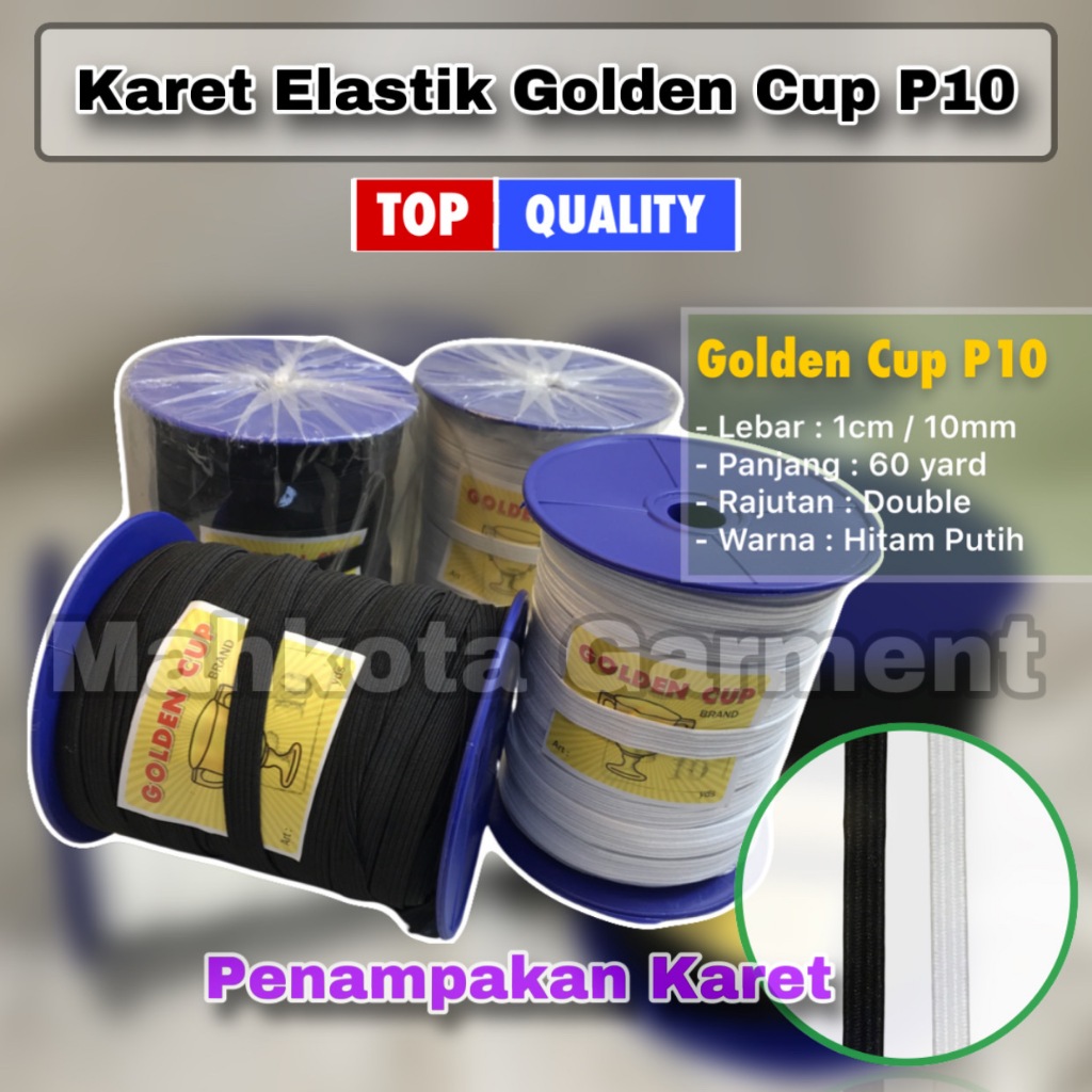 Karet Elastik Golden Cup P10 | Karet elastis celana  10mm / 1cm panjang 60 yard/Roll | Karet Goldenc