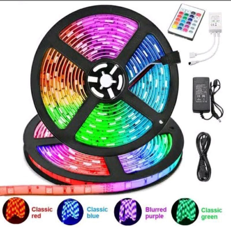 PAKET LAMPU LED STRIP RGB 2835 5050 3528 WARNA WARNI 5M 10 METER IP44 WATERPROF KOMPLIT 1 SETT ADAPT