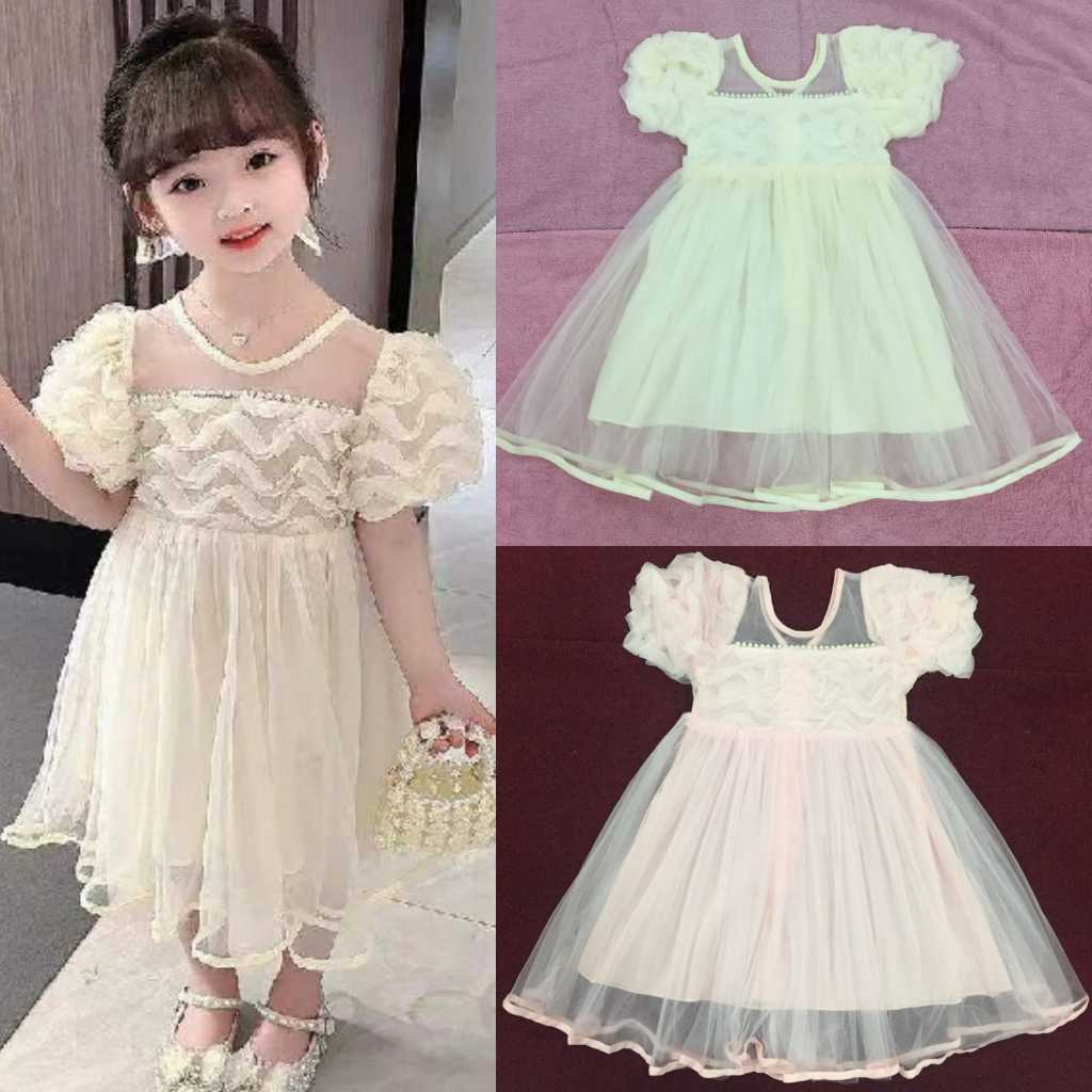 (2-8th) Dress pesta anak putih pink lengan puff balon gaun mutiara wavy tule import