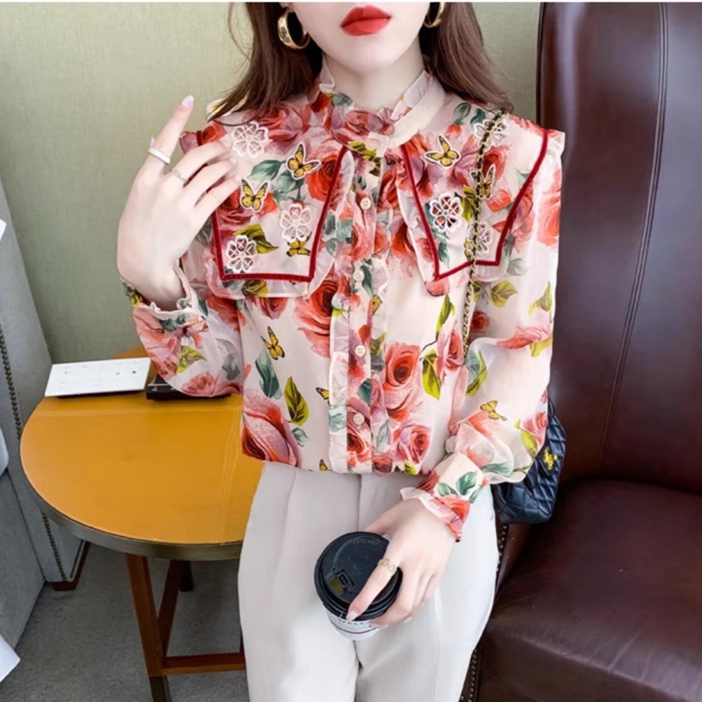CLOTHINGICON KEMEJA COLLAR LONGSLEEVE LENGAN PANJANG ELVINA BUNGA FLOWER FLORAL COTTON IMPORT