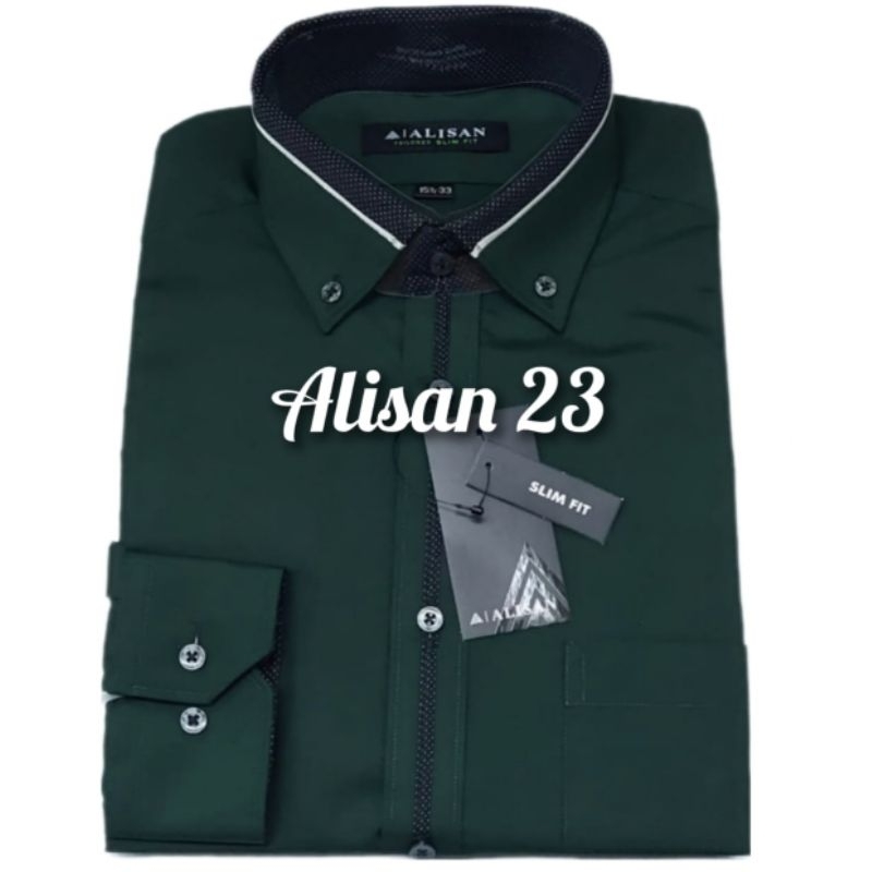 Kemeja Alisan Polos Kombinasi List Tengah Lengan Panjang Warna Hijau Botol 1 (100% ORI)