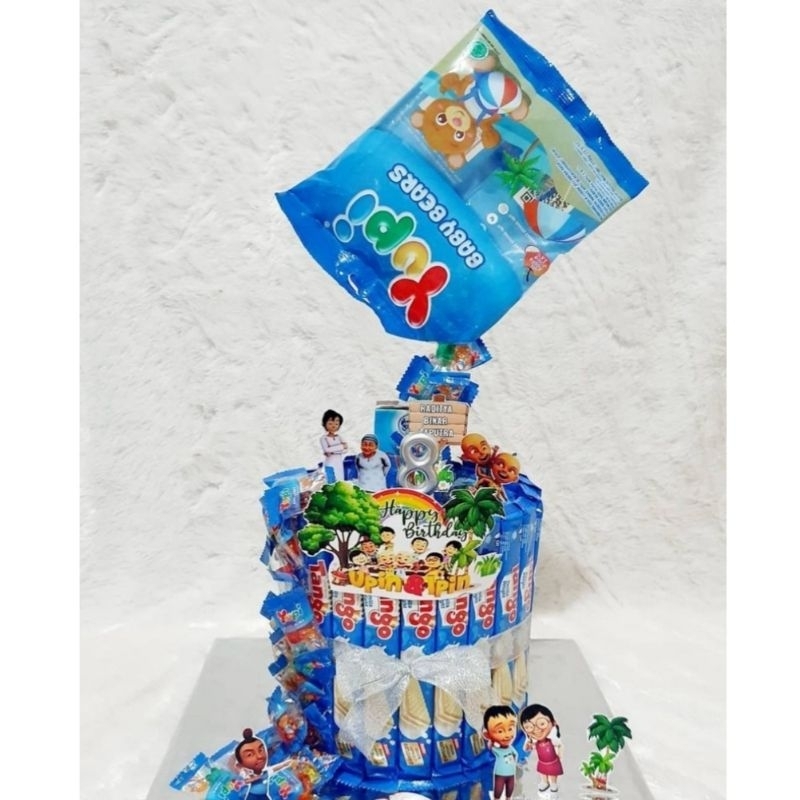 Snack tower satu tingkat edisi warna biru, permen yupi tango custom free topper ucapan happy birthday