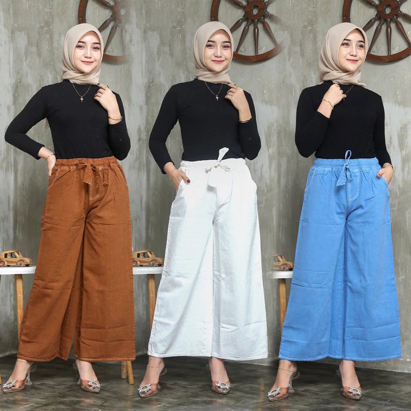 KULOT JEANS PUTIH PINGGANG FULL KARET - KULOT WARNA HITAM PUTIH CREAM COKLAT KULOT MOZZA PINGGANG KA
