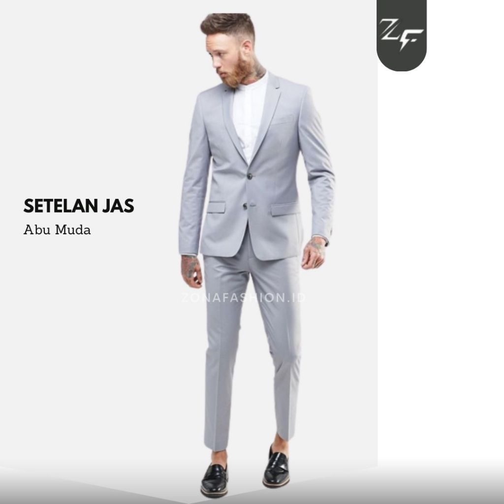 Setelan Jas Blazer Pria Formal Slim Fit Abu Muda