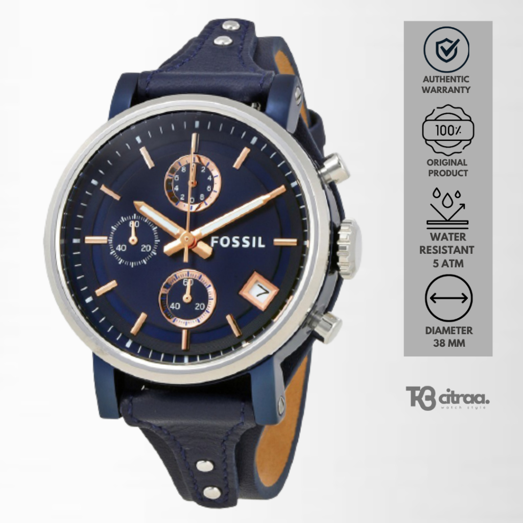 jam tangan fashion wanita Fossil Boyfriend analog strap kulit Sporty Chronograph Blue Dial Leather Strap water resistant casual elegant Original ES4113