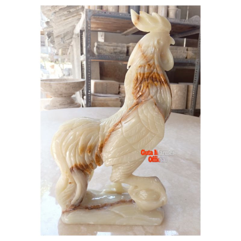 Patung Ayam Jago Batu Onix Motif Glosy Rapi Mengkilat