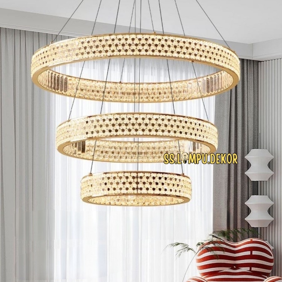 Lampu Gantung LED 3 Ring Kristal Remote Gold Modern Minimalis