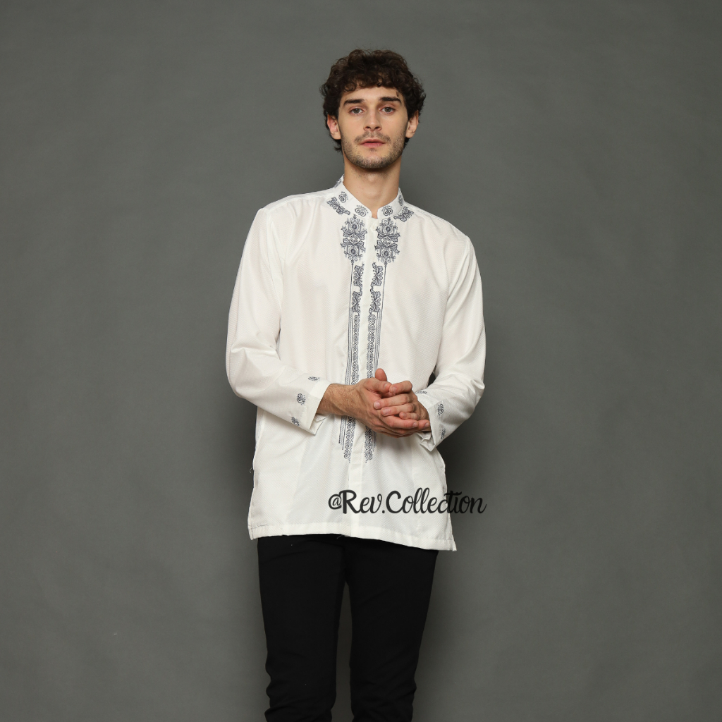 Baju Koko Putih Bordir Lengan Panjang  Bordir Biru Rev036