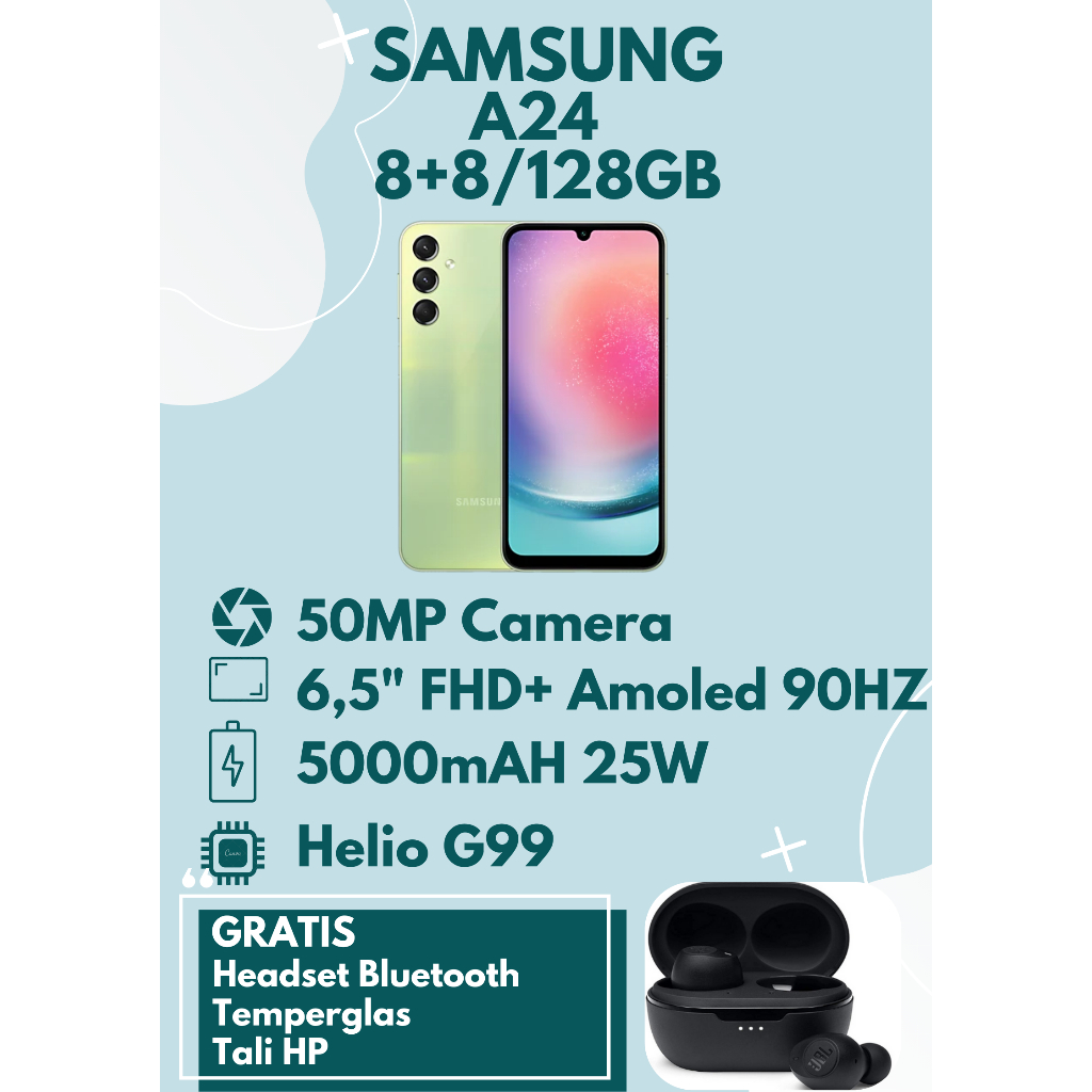 SAMSUNG A24 RAM 16GB (8+8 EXTEND/128GGB) GRATIS HEADSET BLUETOOTH, TEMPERGLAS dan TALI HP