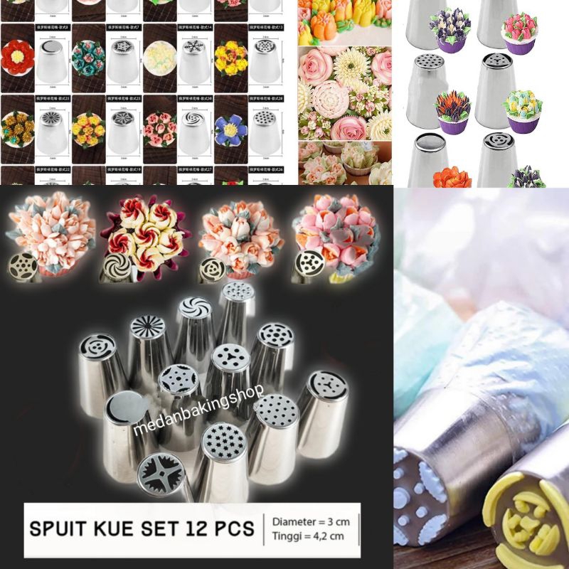 1set 12pcs Spuit Rusia Import/Spuit Sambung Buttercream/Spuit Cream Dekor Birthday Cake/Dekorasi Kue
