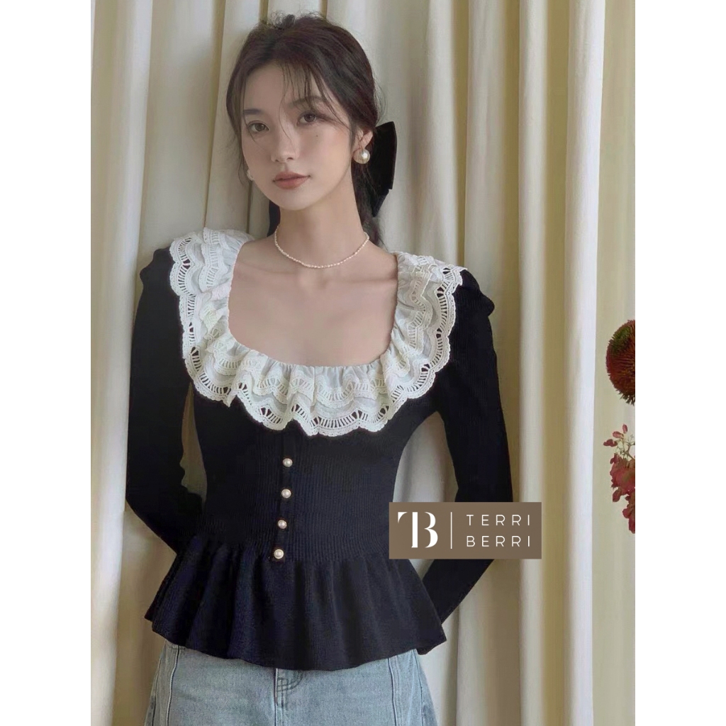 Eleanor Vintage Lace Blouse PREMIUM | Atasan Rajut Korea Elegan | Collar Blouse Vintage | Baju Victo