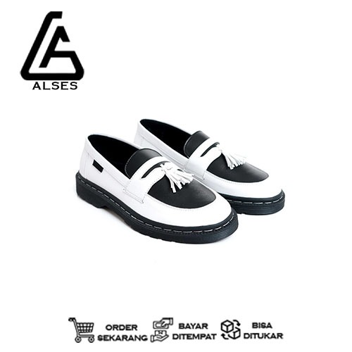 ALSES X Sepatu Docmart Loafers Pita Semi Formal Kasual Pansus Pria Wanita Hitam Putih Pantofel Kerja