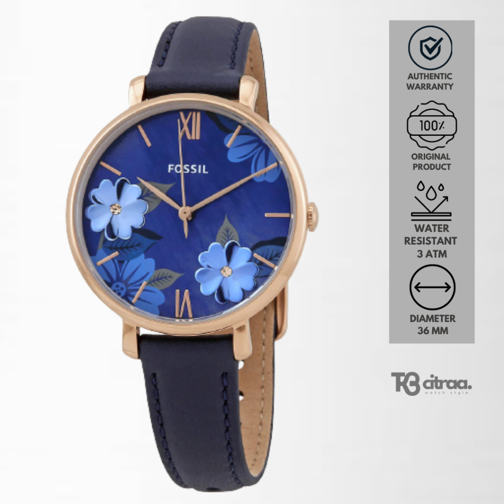 jam tangan fashion wanita Fossil ladies Jacqueline analog strap kulit Floral Dial Blue Leather water resistant casual elegant original ES4673