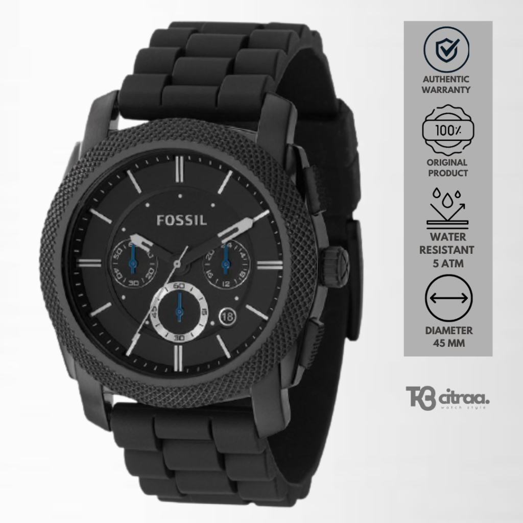 jam tangan fashion pria Fossil Machine analog strap rubber silicone Chronograph hitam Black water resistant sporty casual original FS4487