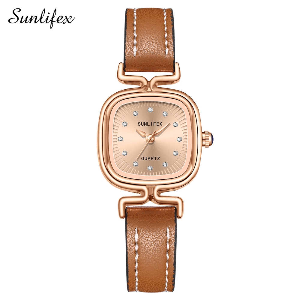Sunlifex Jam Tangan Wanita Original Korea Retro Anggun Kuarsa Berlian Jam Tangan Cewek-BrownWhite