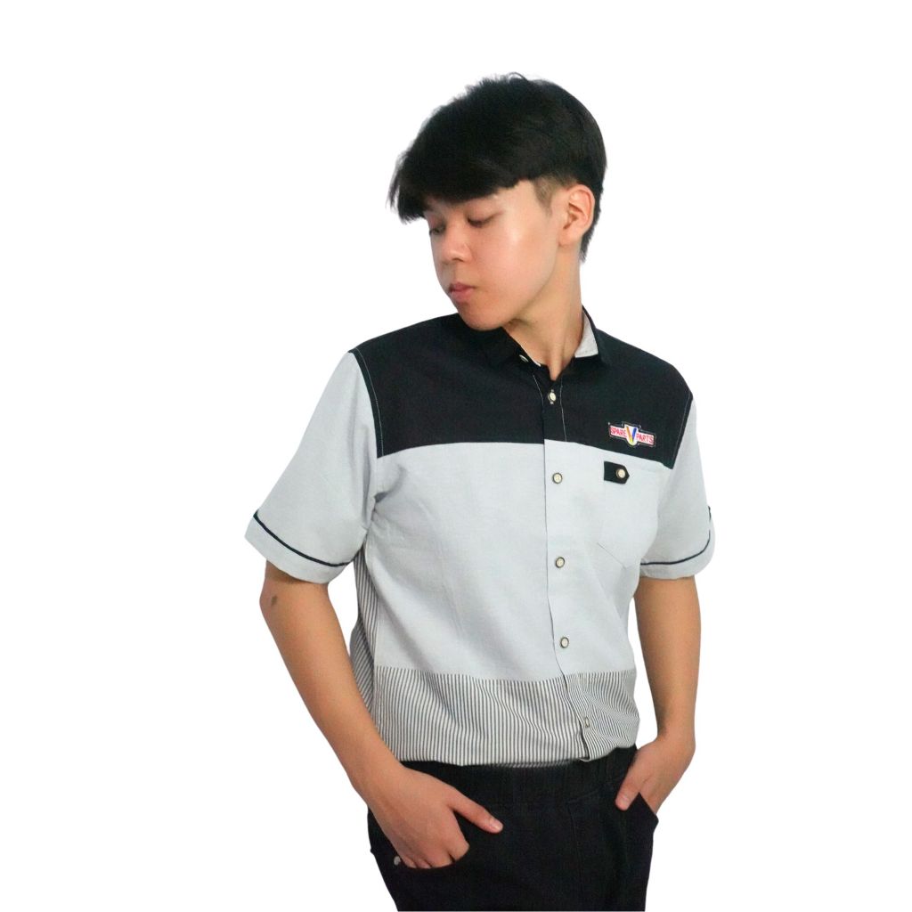 M231 Kemeja Pria Basic Combination Pendek Abu 0273B - Zucchini