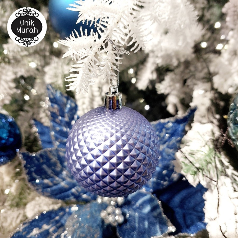Hiasan Natal - Bola 6Cm Bulat Motif Durian warna Biru Keunguan isi 18s