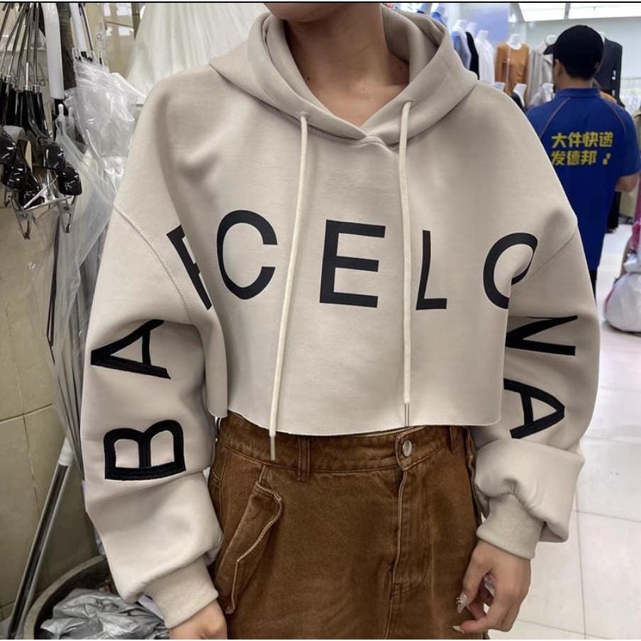 SWEATSHIRT CROOPE OVERSIZE - SWEATER CROP HOODIE BARCELONA - BAHAN FLECE STREET STYLE TERBARU