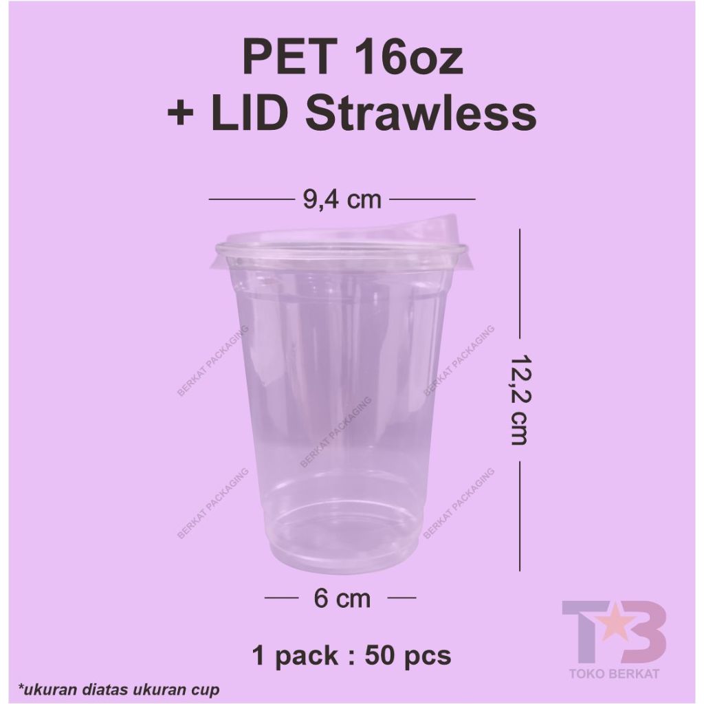 CUP PLASTIK PET STRAWLESS 16oz 480ml PLUS TUTUP isi 50 pcs