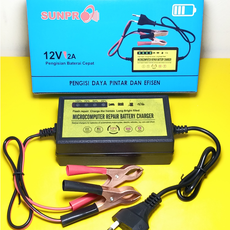 Battery Charger Sunpro 12V 2a Adaptor cas Aki 12V / cas aki motor mobil / Warna random