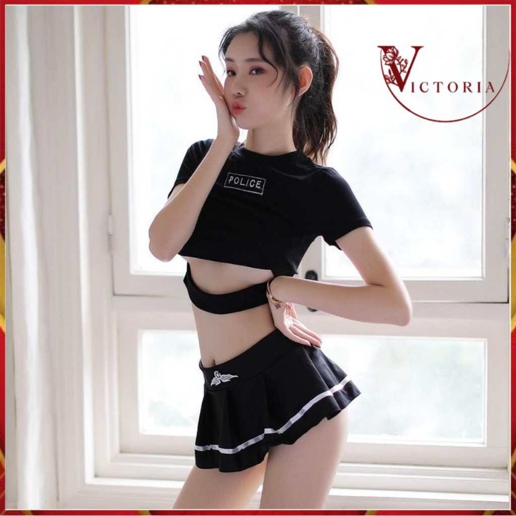 Victoria Baju Tidur Crop Top + Rok Pendek Lingerie Import Wanita 3034